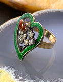 Antique 14K, Silver, Seed Pearl & Enamel Witches Heart Conversion Ring