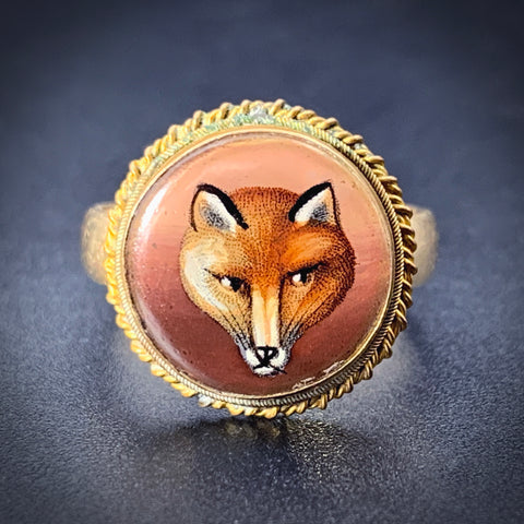 Antique 14K, Gilt & Hand Painted Fox Conversion Ring