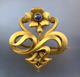 Antique Art Nouveau Floral Brooch in Gold Fill ‘Fix’ w/ Sapphire