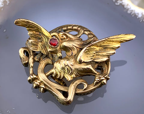 Antique French Vermeil & Paste Ruby Griffin Brooch