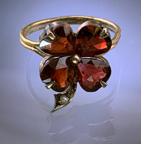 Antique 14K, Garnet & Seed Pearl Clover Conversion Ring