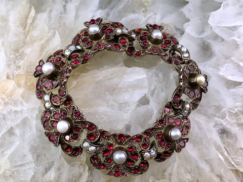 Antique Austro-Hungarian Silver, Garnet & Pearl Bracelet