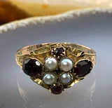 Antique Georgian 9K, Garnet & Seed Pearl Ring