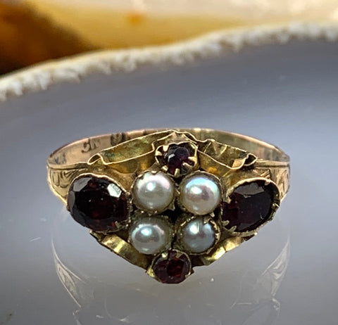 Antique Georgian 9K, Garnet & Seed Pearl Ring