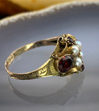 Antique Georgian 9K, Garnet & Seed Pearl Ring