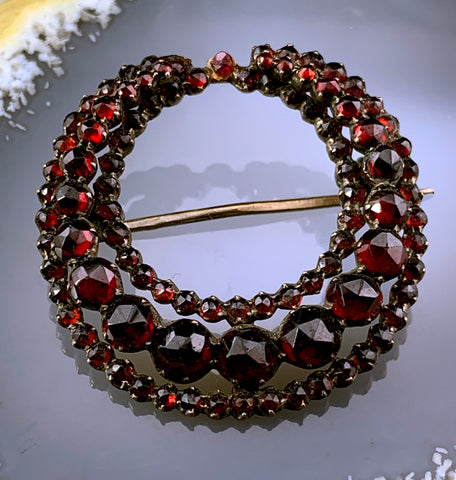 Antique Silver, Garnet Gold & Bohemian Garnet Crescent Brooch