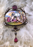 Antique Silver, Diamond, Garnet & Hand Painted Porcelain Brooch