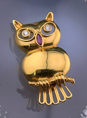 Vintage 18K, Diamond & Ruby Owl Brooch