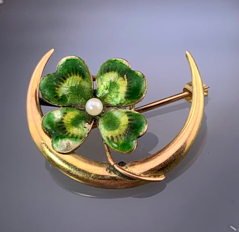 Antique 10K, Pearl & Enamel Clover Crescent Brooch