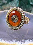 Antique 10K, Carnelian, Seed Pearl & Plaited Hair Conversion Ring on Vintage 9K Band