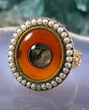 Antique 10K, Carnelian, Seed Pearl & Plaited Hair Conversion Ring on Vintage 9K Band