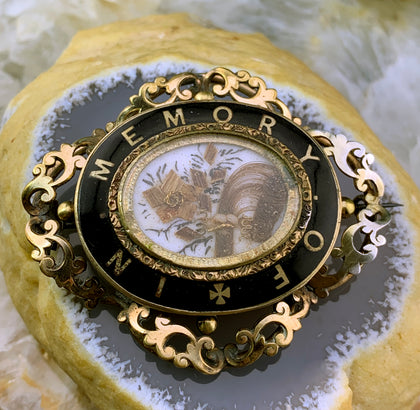 Antique Victorian Memento Mouri Enamel & Hairwork Brooch in Gold Fill