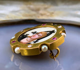 Antique French 18K, Diamond & Ruby Hand Painted Enamel Harlequin Brooch