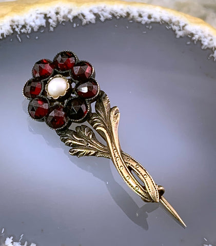 Antique 14K, Garnet & Pearl Halley's Comet Brooch