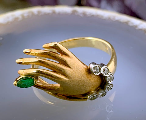 Vintage 18K, Diamond & Emerald Hand Ring