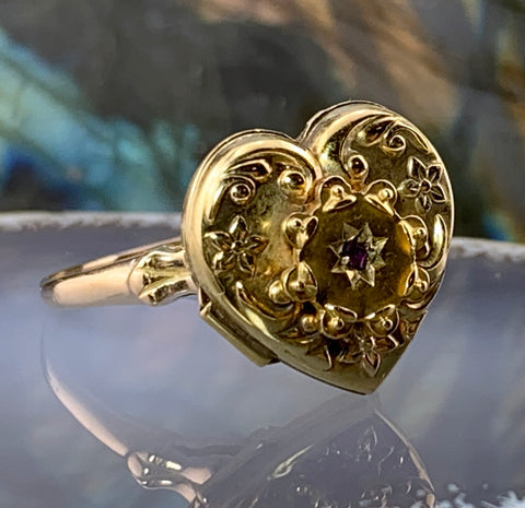 Antique 9K & Ruby Heart Locket Conversion Ring