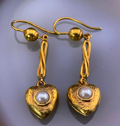 Antique 9K & Seed Pearl Heart Earrings