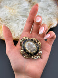 Antique Victorian Memento Mouri Enamel & Hairwork Brooch in Gold Fill