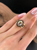 Antique Archeological Revival 10K, Diamond & Hand Painted Enamel Athena Ring