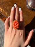 Estate 14K & Carved Coral Cameo Daffodil Ring