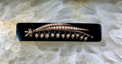 Antique 10K, Onyx & Seed Pearl Mourning Brooch