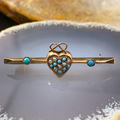 Antique English 9K, Turquoise & Seed Pearl Bar Pin Brooch
