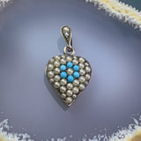Antique Silver, Turquoise & Seed Pearl Puffy Heart Pendant/Charm