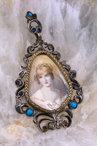 Vintage Italian Silver & Paste Hand Painted Lady Portrait Pendant