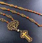Antique 14K, Coral & Pearl Cross Necklace