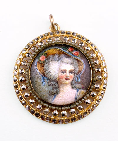 Antique Hand Colored Pendant In Gilt Silver With Marcasite
