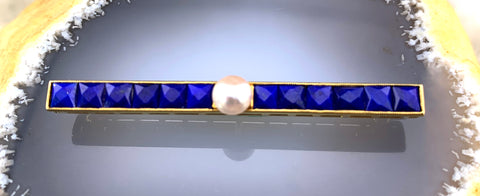 Antique 14K, Lapis Lazuli & Pearl Bar Pin/Brooch