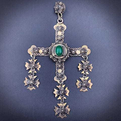 Vintage Sterling Silver & Glass Mexican Wedding Cross Pendant