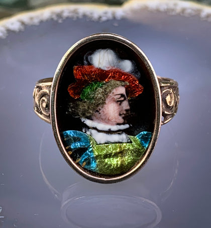 Antique 14K, Silver & Hand Painted Limoges Enamel Conversion Ring