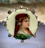 Antique Limoges Silver, Seed Pearl & Hand Painted Enamel Portrait Brooch