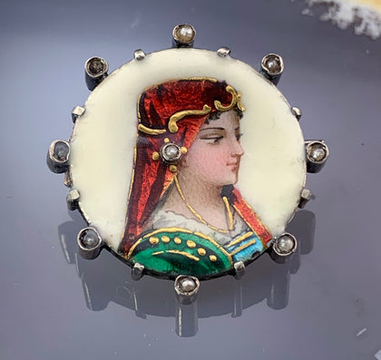 Antique Limoges Silver, Seed Pearl & Hand Painted Enamel Portrait Brooch