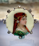 Antique Limoges Silver, Seed Pearl & Hand Painted Enamel Portrait Brooch