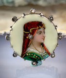 Antique Limoges Silver, Seed Pearl & Hand Painted Enamel Portrait Brooch