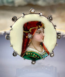 Antique Limoges Silver, Seed Pearl & Hand Painted Enamel Portrait Brooch