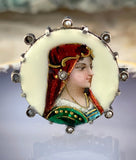 Antique Limoges Silver, Seed Pearl & Hand Painted Enamel Portrait Brooch