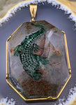 Vintage 18K & Reverse Intaglio Crocodile on Moss Agate Pendant