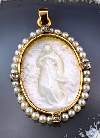 Antique 14K, Diamond, Seed Pearl & Mother Of Pearl Pendant