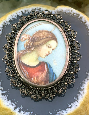 Antique Silver & Hand Painted Virgin Mary Brooch/Pendant