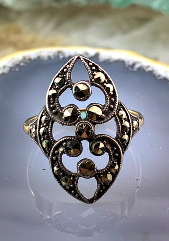 Antique 9K, Sterling Silver & Marcasite Navette Ring