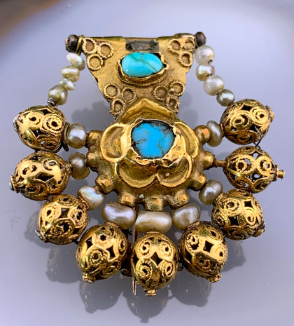 Antique Muhgul 16K, 14K, 10K, Turquoise & Freshwater Pearl Brooch/Pendant