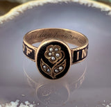 Antique Victorian 12K, Seed Pearl & Enamel Mourning Ring