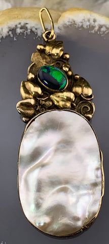 Antique 14K, Black Opal & Mother Of Pearl Pendant