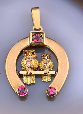Vintage 18K & Ruby Horse Shoe & Owl Conversion Pendant
