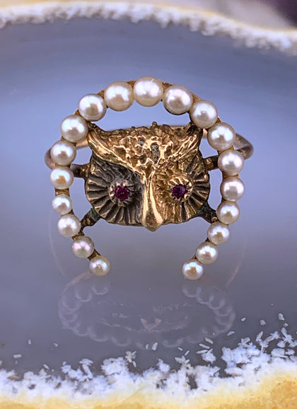 Antique 14K, Ruby & Seed Pearl Owl Horseshoe Conversion Ring