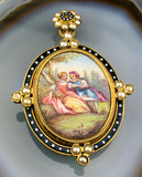 Antique French Hand Painted Enamel & Seed Pearl Locket Pendant in Pomponne