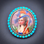 SOLD Antique Silver, Turquoise & Hand Painted Enamel Portrait Brooch